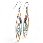 A pair of tourmaline and jade gemstone marquise bronze earrings with twisted sterling silver and crystal