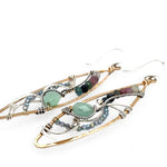 A pair of tourmaline and jade gemstone marquise bronze earrings with twisted sterling silver and crystal