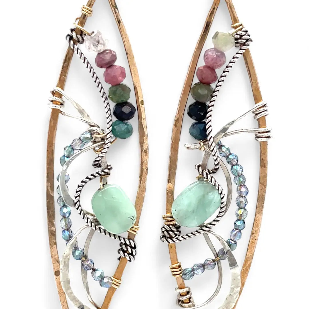 A pair of tourmaline and jade gemstone marquise bronze earrings with twisted sterling silver and crystal