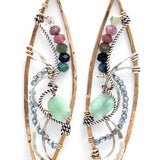 A pair of tourmaline and jade gemstone marquise bronze earrings with twisted sterling silver and crystal