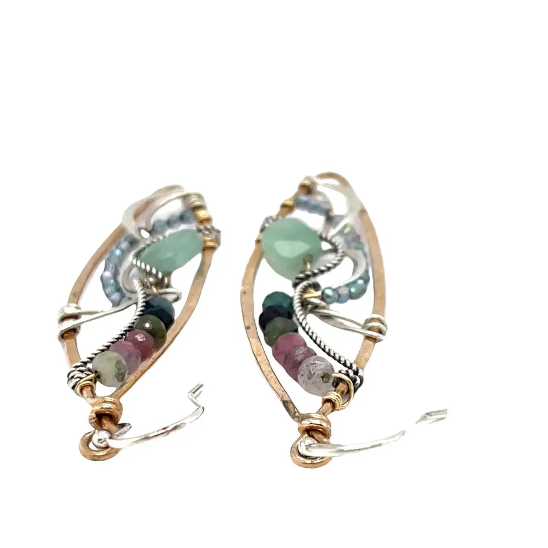 A pair of tourmaline and jade gemstone marquise bronze earrings with twisted sterling silver and crystal