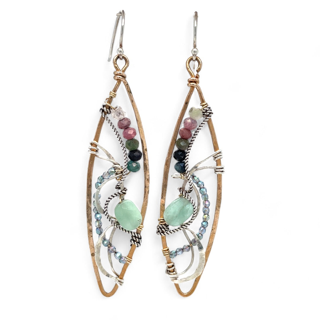 A pair of tourmaline and jade gemstone marquise bronze earrings with twisted sterling silver and crystal