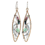 A pair of tourmaline and jade gemstone marquise bronze earrings with twisted sterling silver and crystal