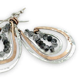 sterling silver and bronze hammered basket mini earrings with black rutilated quartz mini gemstones lining the inside