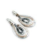 sterling silver and bronze hammered basket mini earrings with black rutilated quartz mini gemstones lining the inside
