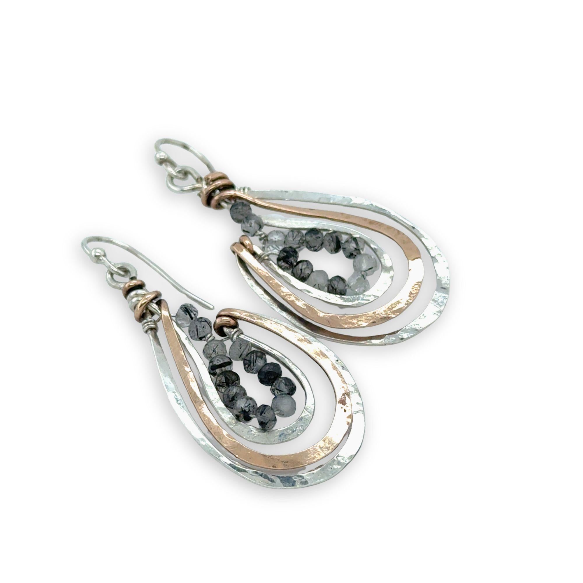 sterling silver and bronze hammered basket mini earrings with black rutilated quartz mini gemstones lining the inside