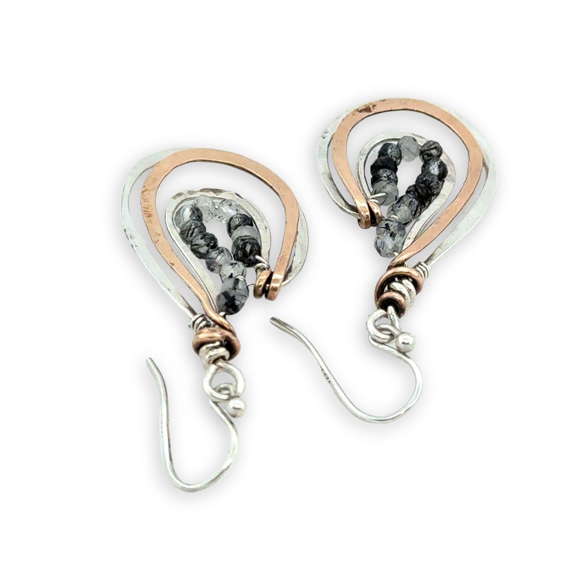 sterling silver and bronze hammered basket mini earrings with black rutilated quartz mini gemstones lining the inside
