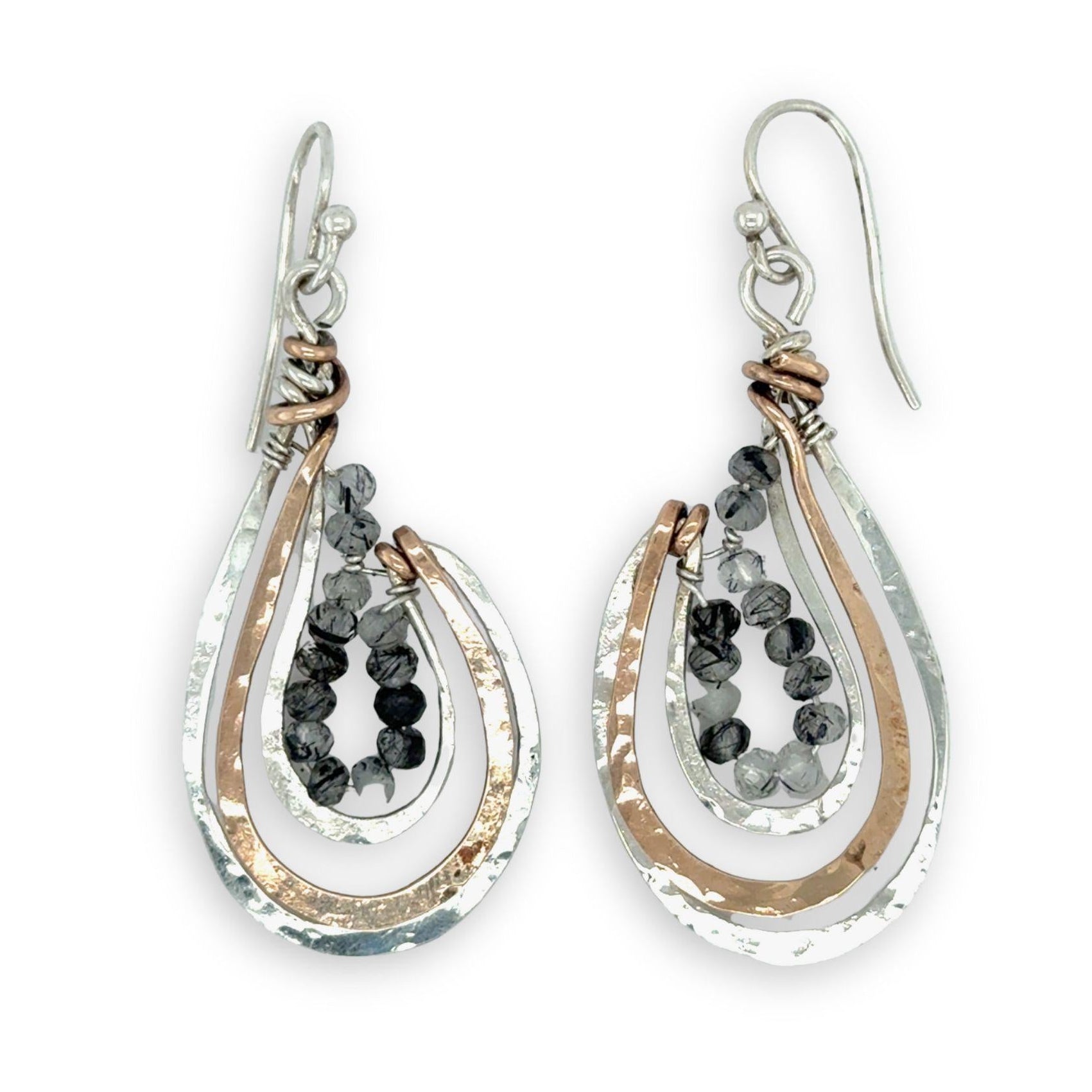 sterling silver and bronze hammered basket mini earrings with black rutilated quartz mini gemstones lining the inside