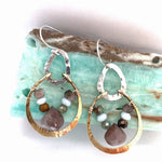 mauve moonstone and opal faceted gemstones held within a brass hammered ring hanging onto a sterling silver teardrop link mini earrings