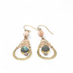 Hammered and floral stamped brass drop earrings with peach cat's eye, gold vermeil flashy labradorite, and peach moonstone gemstones on gold filled wire with fresh water pearl accent