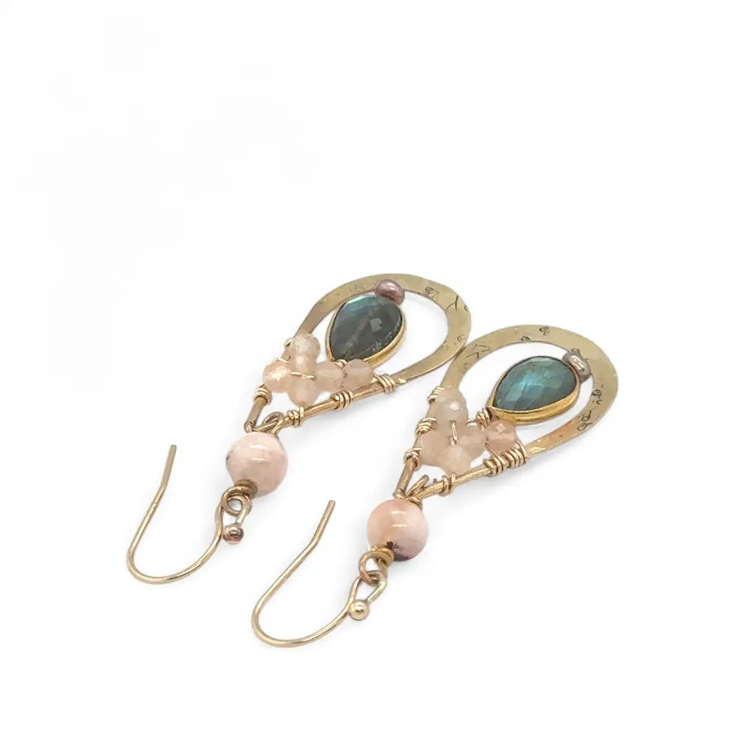 Hammered and floral stamped brass drop earrings with peach cat's eye, gold vermeil flashy labradorite, and peach moonstone gemstones on gold filled wire with fresh water pearl accent