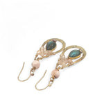 Hammered and floral stamped brass drop earrings with peach cat's eye, gold vermeil flashy labradorite, and peach moonstone gemstones on gold filled wire with fresh water pearl accent