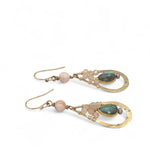 Hammered and floral stamped brass drop earrings with peach cat's eye, gold vermeil flashy labradorite, and peach moonstone gemstones on gold filled wire with fresh water pearl accent