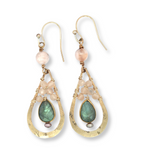 Hammered and floral stamped brass drop earrings with peach cat's eye, gold vermeil flashy labradorite, and peach moonstone gemstones on gold filled wire with fresh water pearl accent