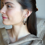 Smokey quartz tile and olive cat's eye gemstones hang from sterling silver triangle earrings filled with moonstone and fresh water pearl, featuring sterling silver earring hooks built in to wear like a post earring