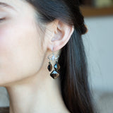 Smokey quartz tile and olive cat's eye gemstones hang from sterling silver triangle earrings filled with moonstone and fresh water pearl, featuring sterling silver earring hooks built in to wear like a post earring