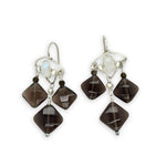 Smokey quartz tile and olive cat's eye gemstones hang from sterling silver triangle earrings filled with moonstone and fresh water pearl, featuring sterling silver earring hooks built in to wear like a post earring