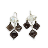 Smokey quartz tile and olive cat's eye gemstones hang from sterling silver triangle earrings filled with moonstone and fresh water pearl, featuring sterling silver earring hooks built in to wear like a post earring