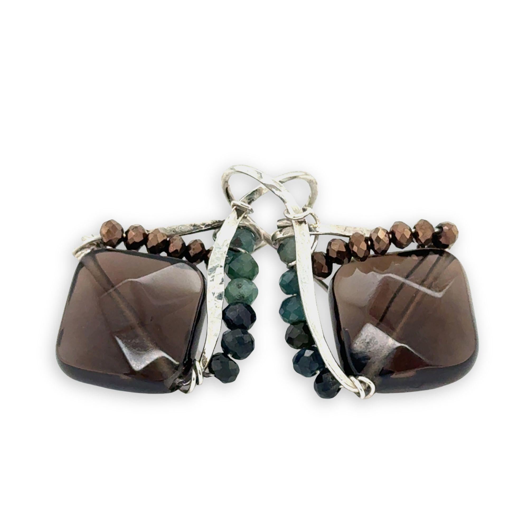Smokey quartz tile gemstone with built in sterling silver earring frame lined with pyrite and blue tourmaline gemstones and built in earring hooks that wear like post earrings