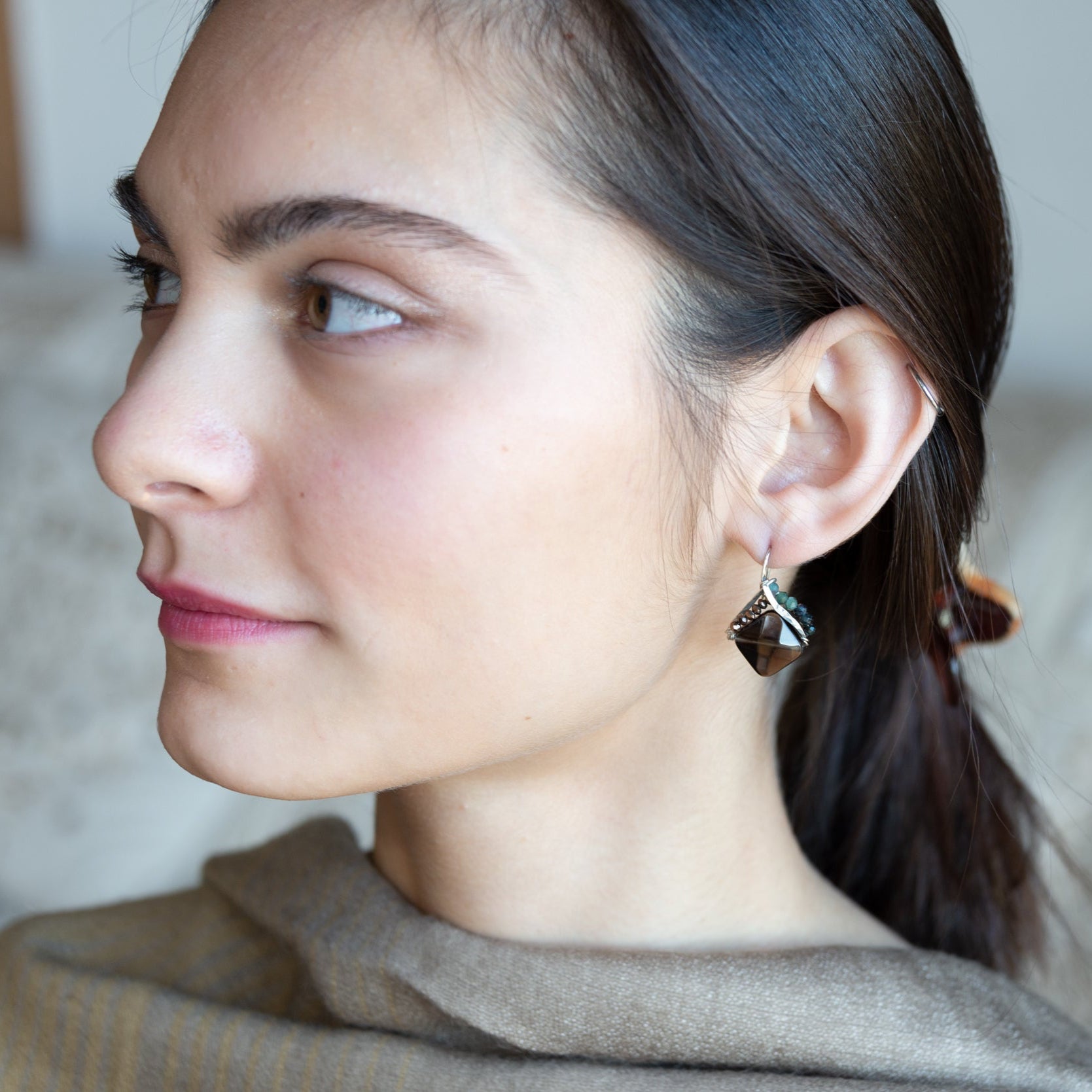 Smokey quartz tile gemstone with built in sterling silver earring frame lined with pyrite and blue tourmaline gemstones and built in earring hooks that wear like post earrings