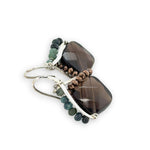 Smokey quartz tile gemstone with built in sterling silver earring frame lined with pyrite and blue tourmaline gemstones and built in earring hooks that wear like post earrings