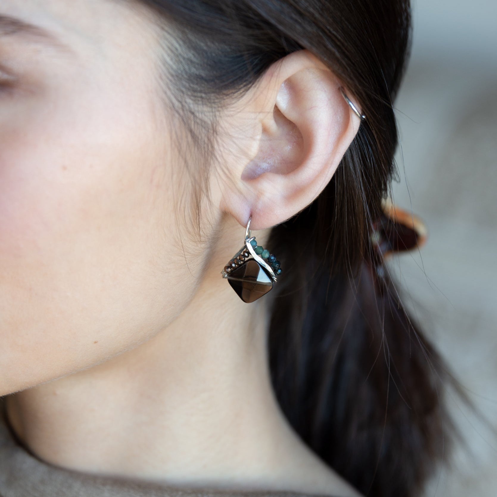 Smokey quartz tile gemstone with built in sterling silver earring frame lined with pyrite and blue tourmaline gemstones and built in earring hooks that wear like post earrings