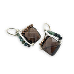 Smokey quartz tile gemstone with built in sterling silver earring frame lined with pyrite and blue tourmaline gemstones and built in earring hooks that wear like post earrings