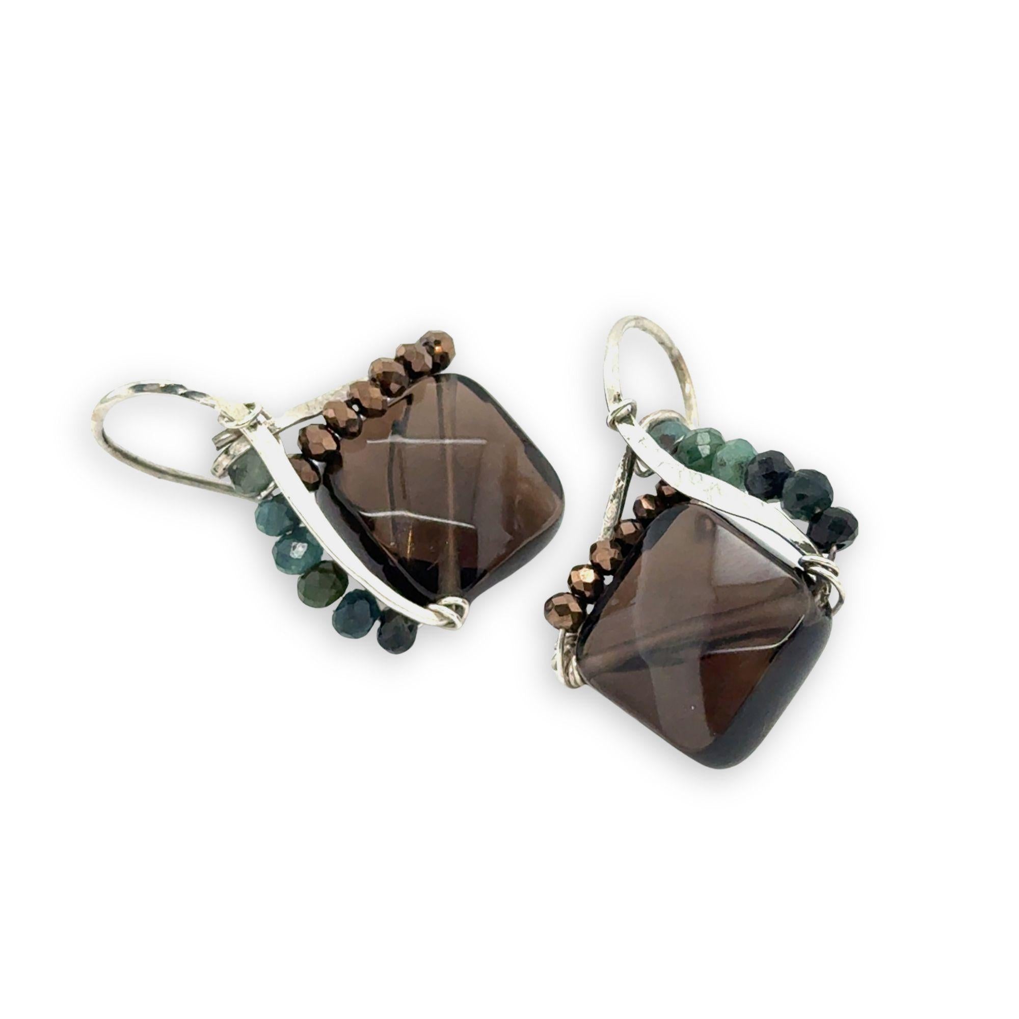 Smokey quartz tile gemstone with built in sterling silver earring frame lined with pyrite and blue tourmaline gemstones and built in earring hooks that wear like post earrings