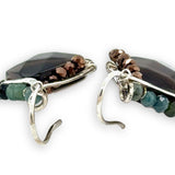 Smokey quartz tile gemstone with built in sterling silver earring frame lined with pyrite and blue tourmaline gemstones and built in earring hooks that wear like post earrings