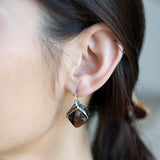 Smokey quartz tile gemstone with built in sterling silver earring frame lined with pyrite and blue tourmaline gemstones and built in earring hooks that wear like post earrings