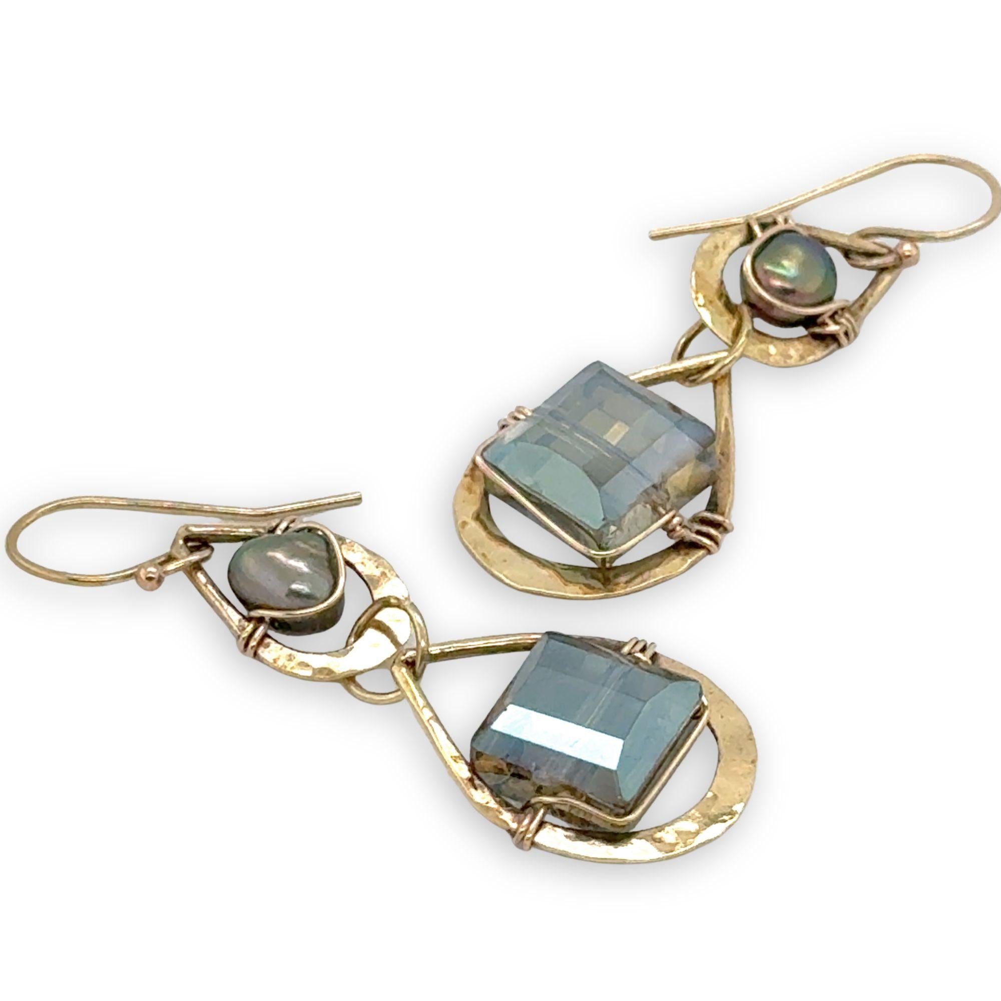 double drop brass earrings with muted green crystal tile and fresh water pearl on gold filled wire