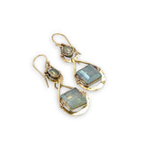 double drop brass earrings with muted green crystal tile and fresh water pearl on gold filled wire