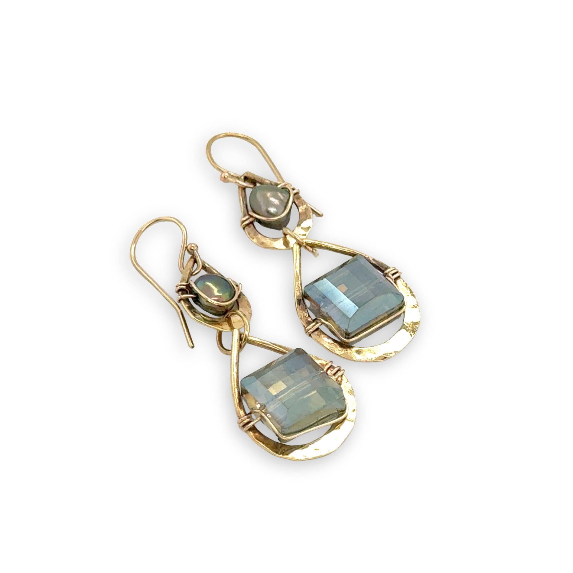 double drop brass earrings with muted green crystal tile and fresh water pearl on gold filled wire
