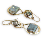 double drop brass earrings with muted green crystal tile and fresh water pearl on gold filled wire