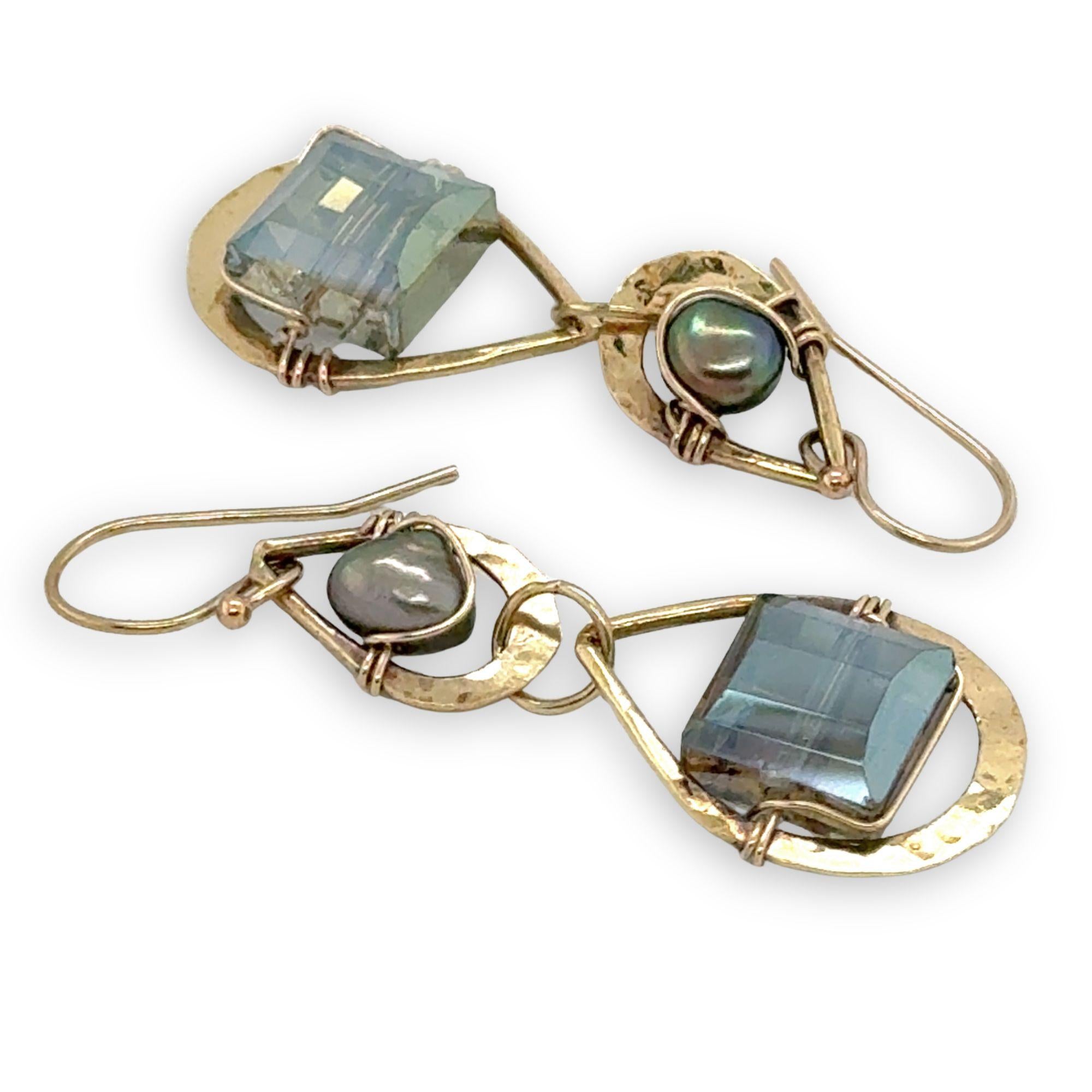 double drop brass earrings with muted green crystal tile and fresh water pearl on gold filled wire
