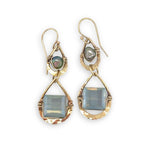 double drop brass earrings with muted green crystal tile and fresh water pearl on gold filled wire