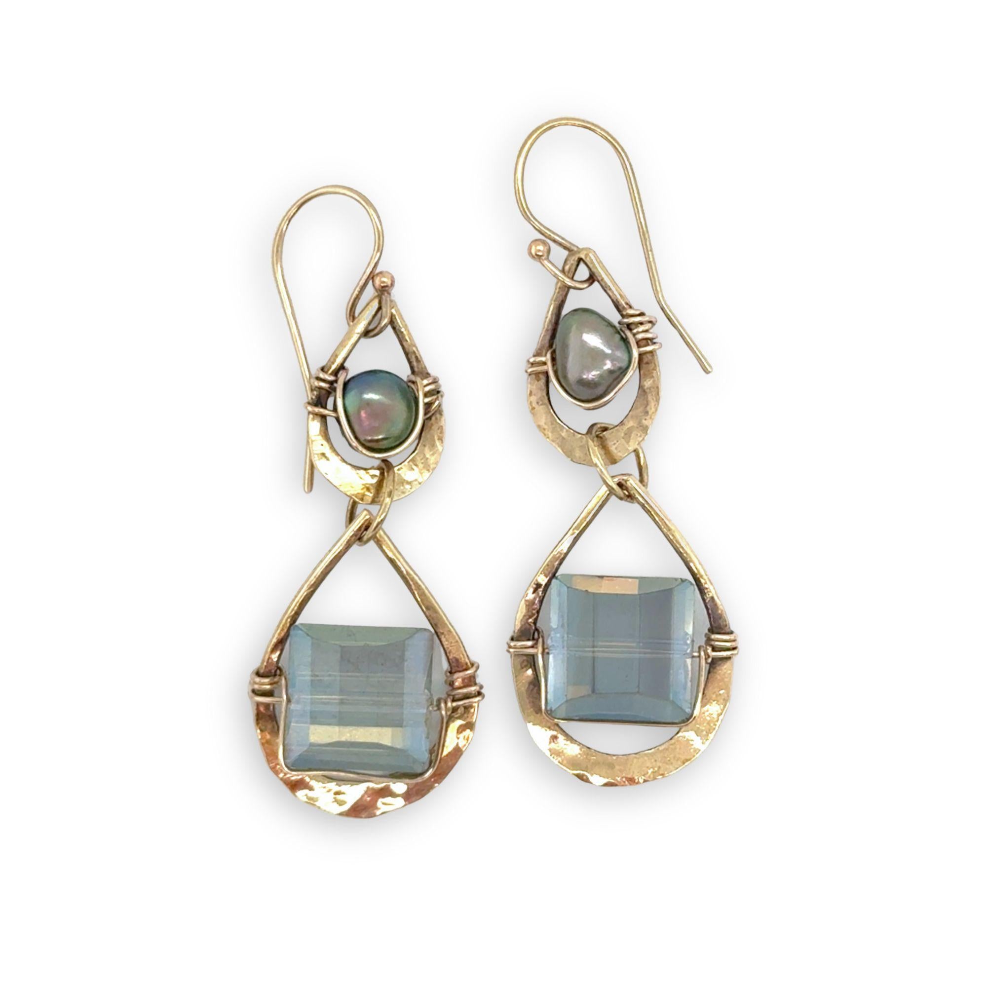 double drop brass earrings with muted green crystal tile and fresh water pearl on gold filled wire