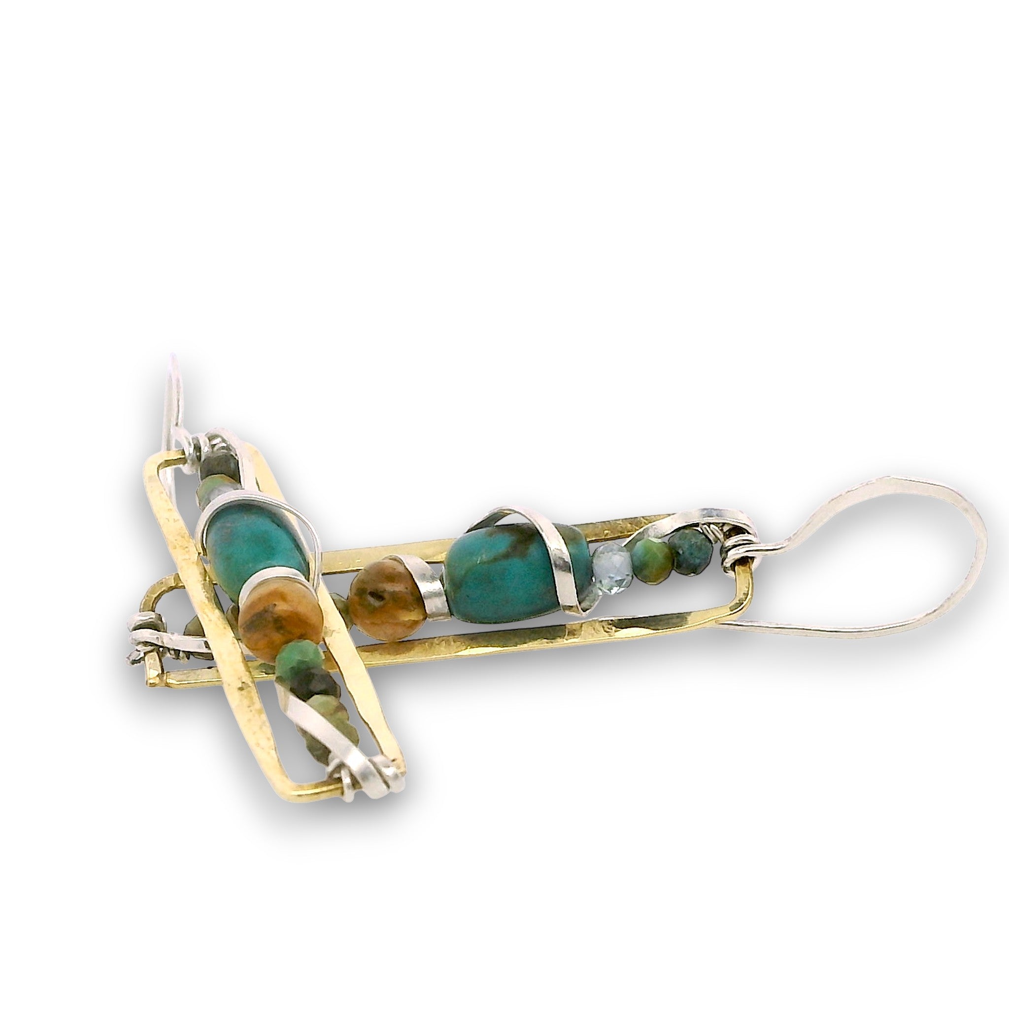 Skinny hammered mini brass rectangle earrings stacked with turquoise, opal and apatite gemstones wrapped in hammered sterling silver wire