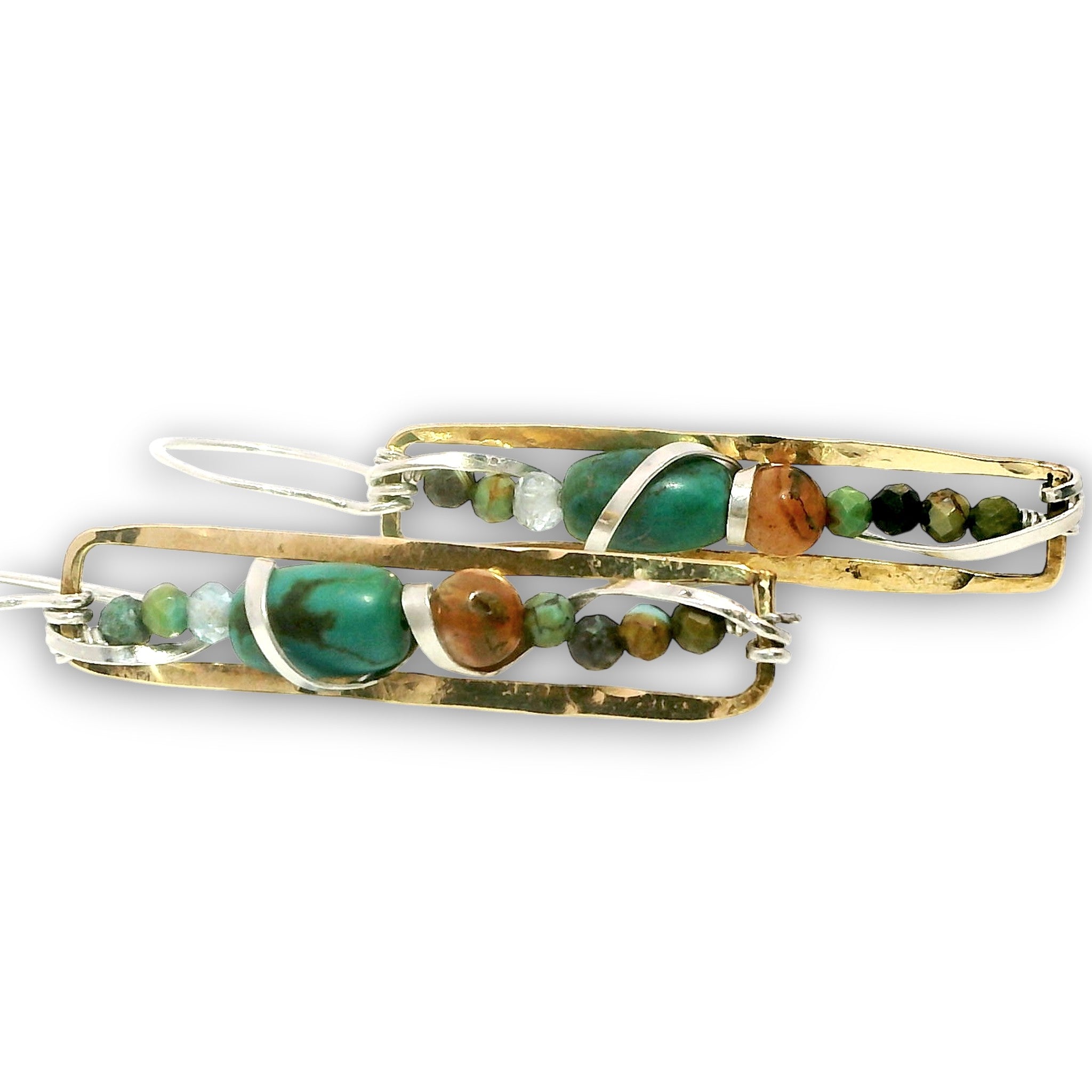 Skinny hammered mini brass rectangle earrings stacked with turquoise, opal and apatite gemstones wrapped in hammered sterling silver wire