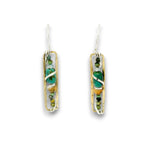 Skinny hammered mini brass rectangle earrings stacked with turquoise, opal and apatite gemstones wrapped in hammered sterling silver wire