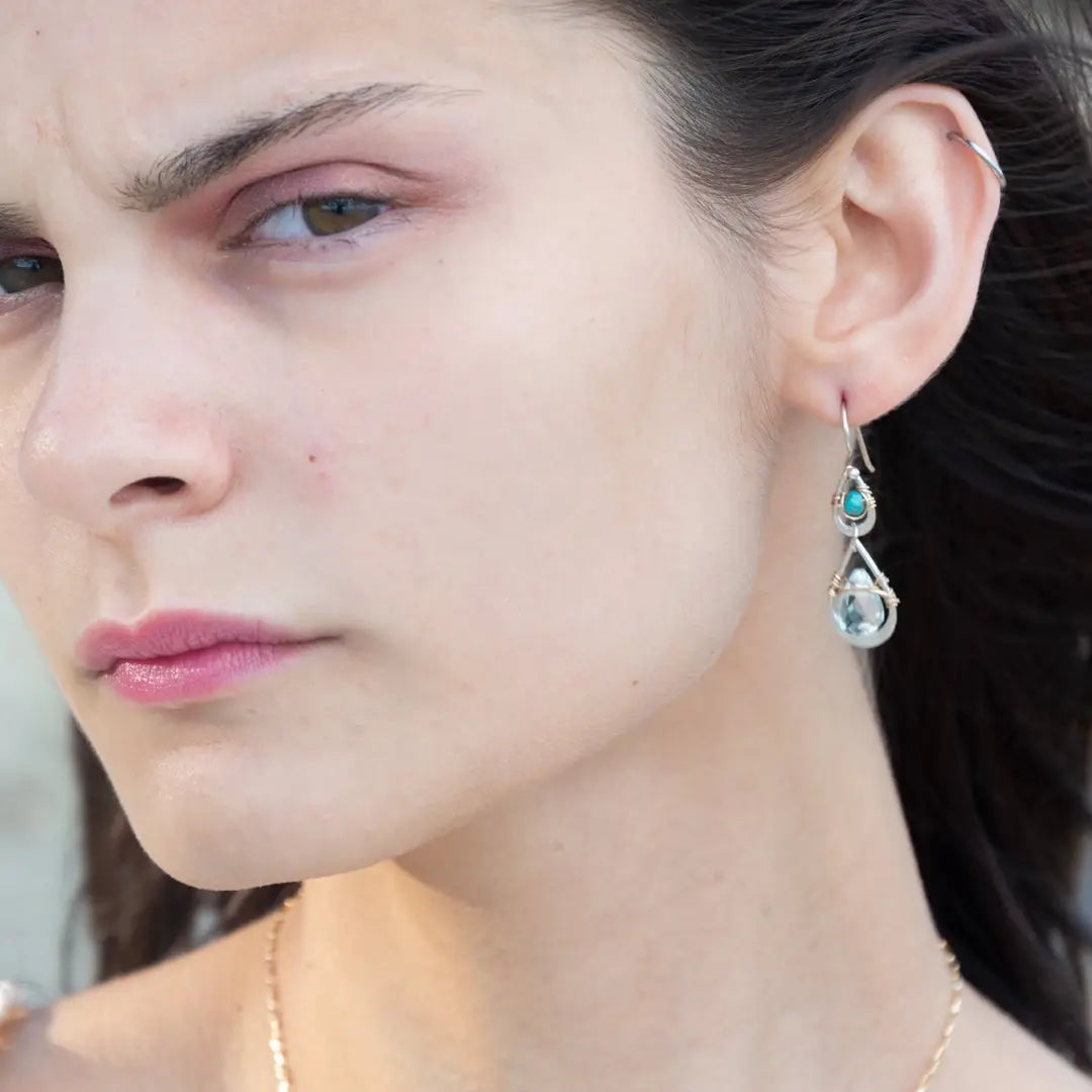 Double teardrop earrings with faceted blue quartz and turquoise gemstones wrapped in gold filled wire