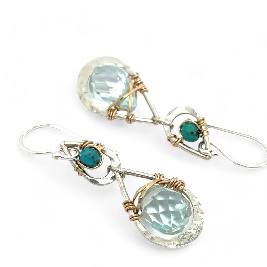 Double teardrop earrings with faceted blue quartz and turquoise gemstones wrapped in gold filled wire