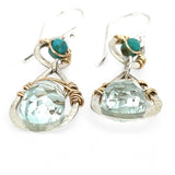 Double teardrop earrings with faceted blue quartz and turquoise gemstones wrapped in gold filled wire