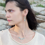 Double teardrop earrings with faceted blue quartz and turquoise gemstones wrapped in gold filled wire