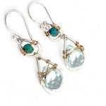 Double teardrop earrings with faceted blue quartz and turquoise gemstones wrapped in gold filled wire