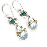 Double teardrop earrings with faceted blue quartz and turquoise gemstones wrapped in gold filled wire