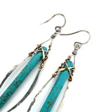 A pair of sterling silver skinny marquise earrings with turquoise stalactite on brass wire with bright blue crystal accent