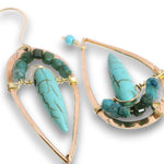 Dandelion stamped bronze teardrop earrings with turquoise spikes and ombre blue torumaline mini cube gemstones on 14k gold filled wire earring hooks