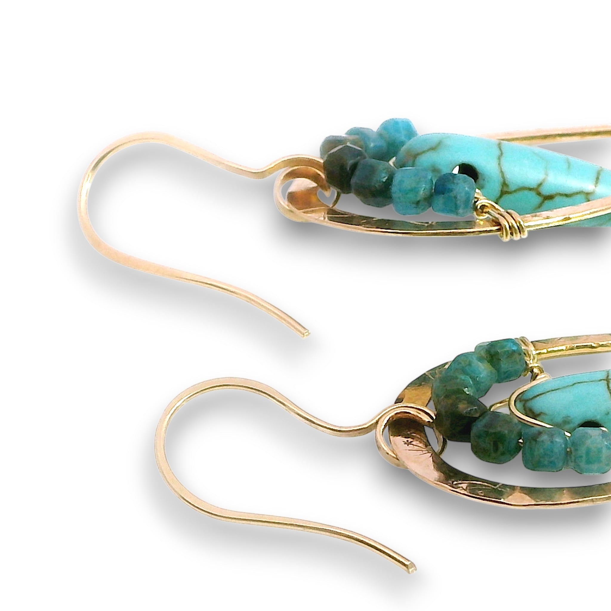 Dandelion stamped bronze teardrop earrings with turquoise spikes and ombre blue torumaline mini cube gemstones on 14k gold filled wire earring hooks