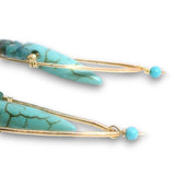 Dandelion stamped bronze teardrop earrings with turquoise spikes and ombre blue torumaline mini cube gemstones on 14k gold filled wire earring hooks